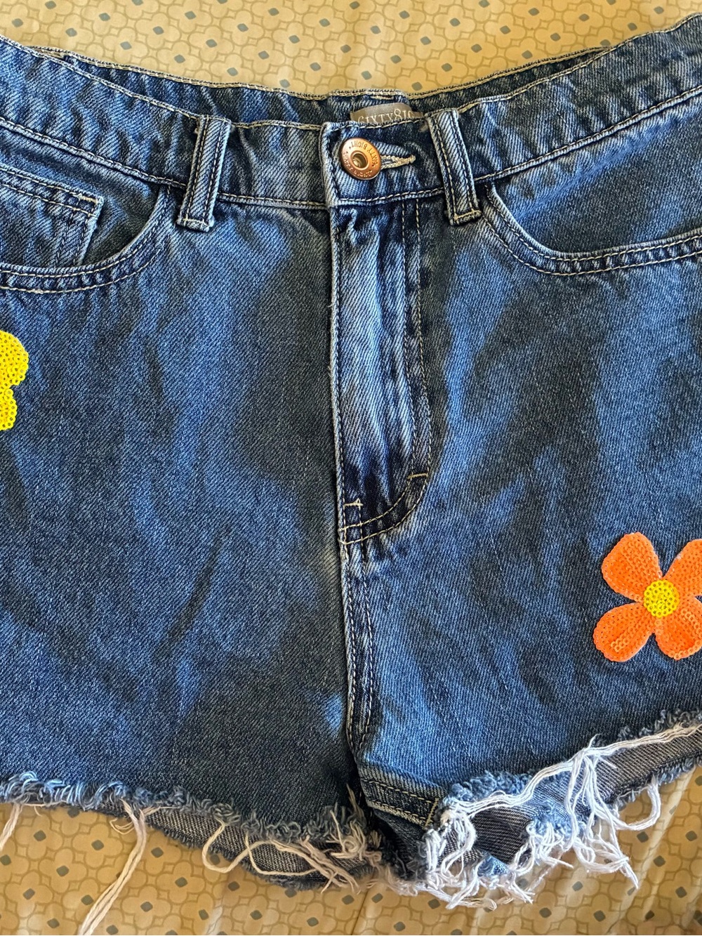 Blue Denim Jean Shorts with Floral Appliqués